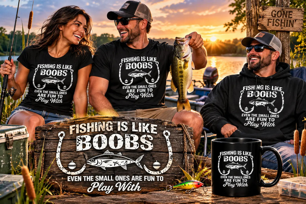 Adults wearing Fishing Is Like Boobs funny fishing T-shirts and hoodie beside matching black coffee mugs