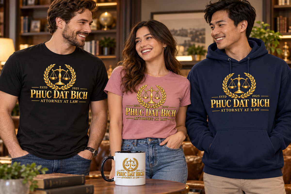 Adults wearing Phuc Dat Bich Attorney At Law T-shirts and a navy hoodie beside a matching gold-crest mug.
