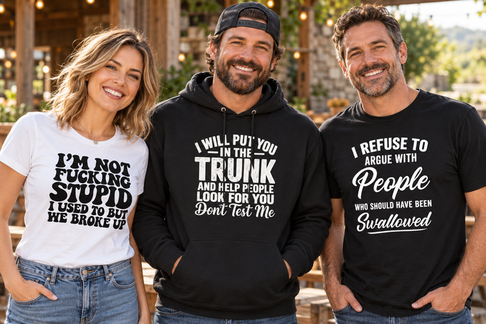 Adults modeling three rude humor designs: We Broke Up women’s T-shirt, Don’t Test Me hoodie and People Who Should Have Been Swallowed T-shirt