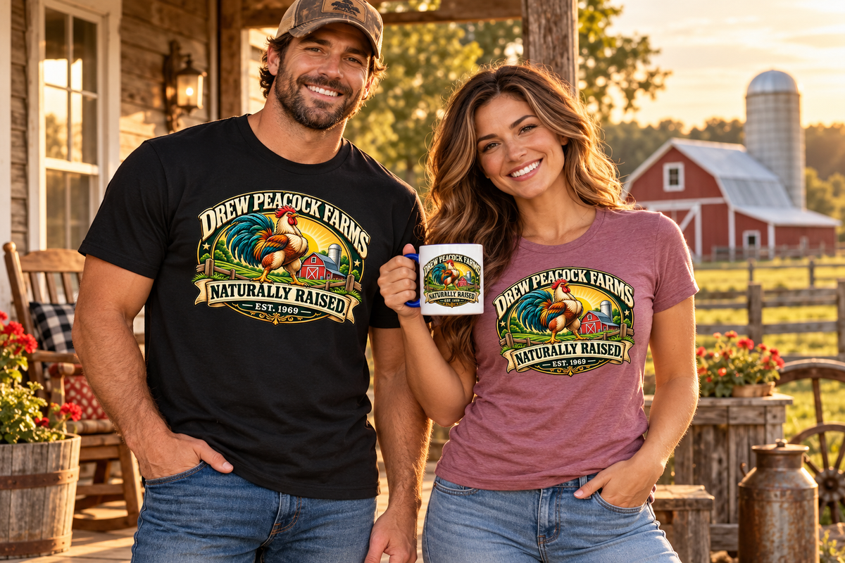 Man and woman wearing Drew Peacock Farms rooster-crest T-shirts with a matching coffee mug on a country porch.