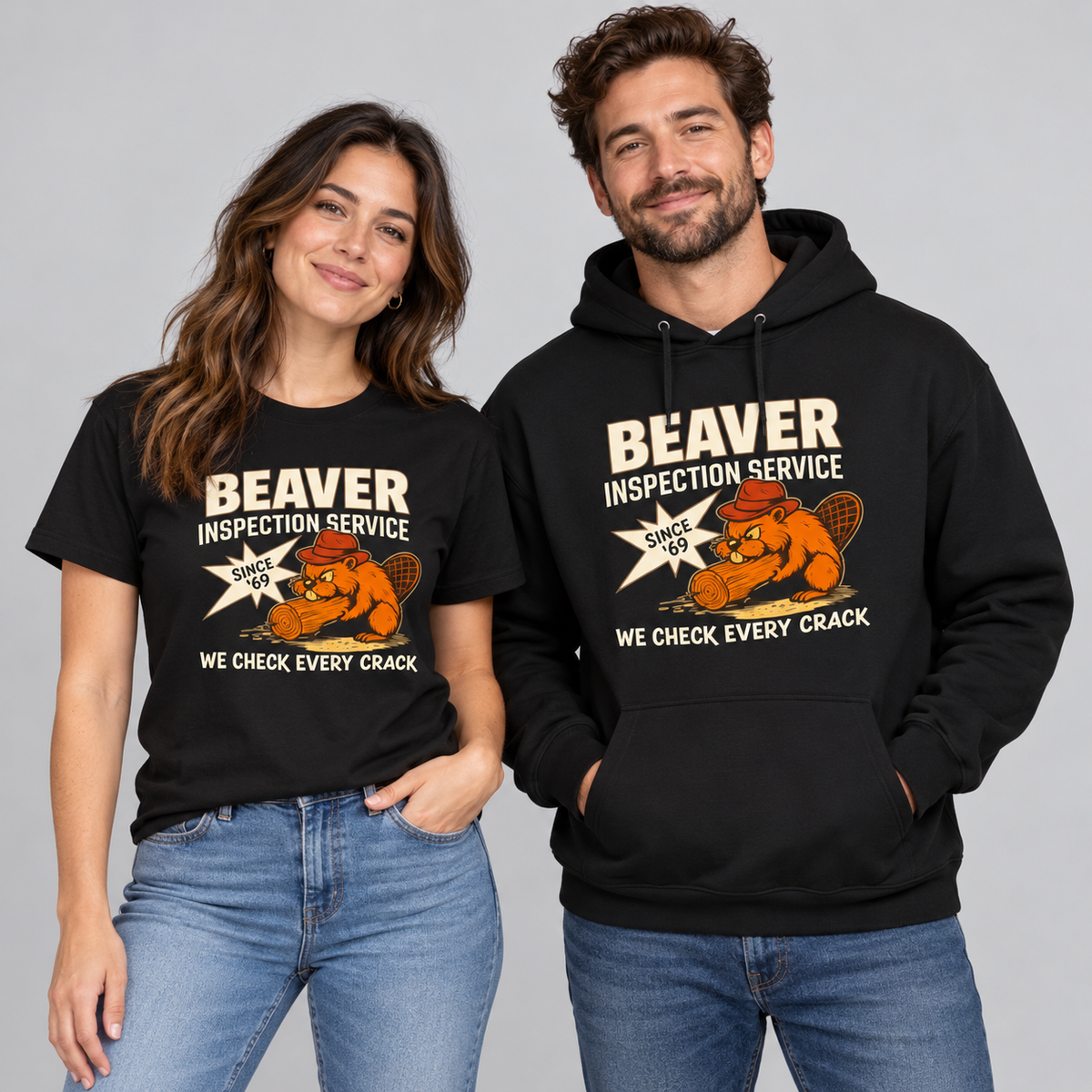 Woman and man modeling black T-shirt and hoodie with funny beaver adult humor graphics