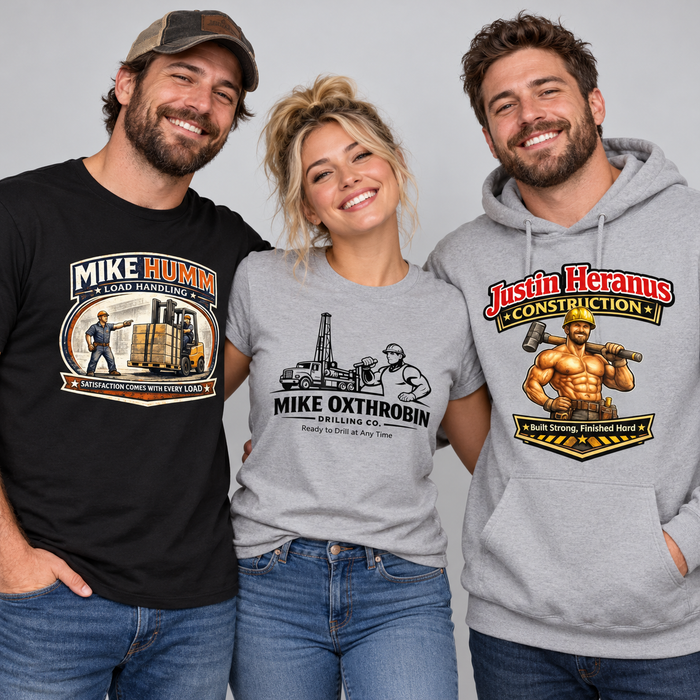 Adults modeling funny fake company logo T-shirts and a hoodie with fictional business graphics