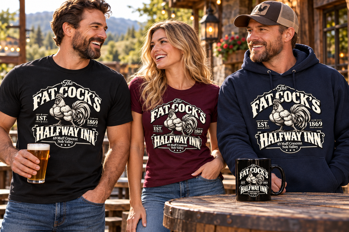 Adults wearing Fat Cock’s Halfway Inn rooster graphic T-shirts and hoodie with a matching black mug