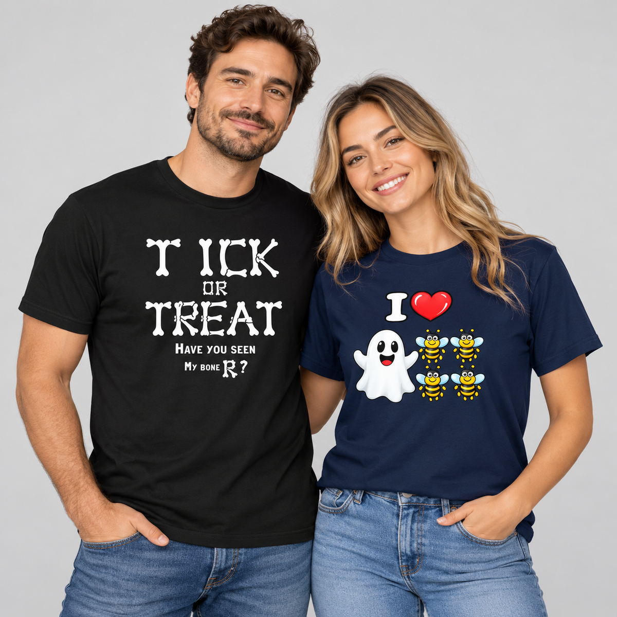 Man and woman wearing funny adult Halloween graphic T-shirts with Tick or Treat lettering and ghost artwork