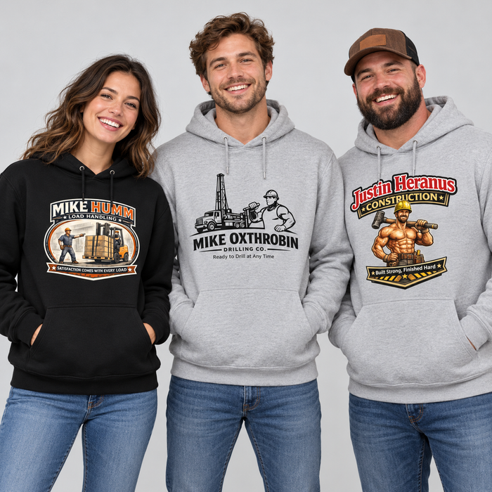 Three adults wearing black and gray adult humor hoodies with funny fictional company graphics