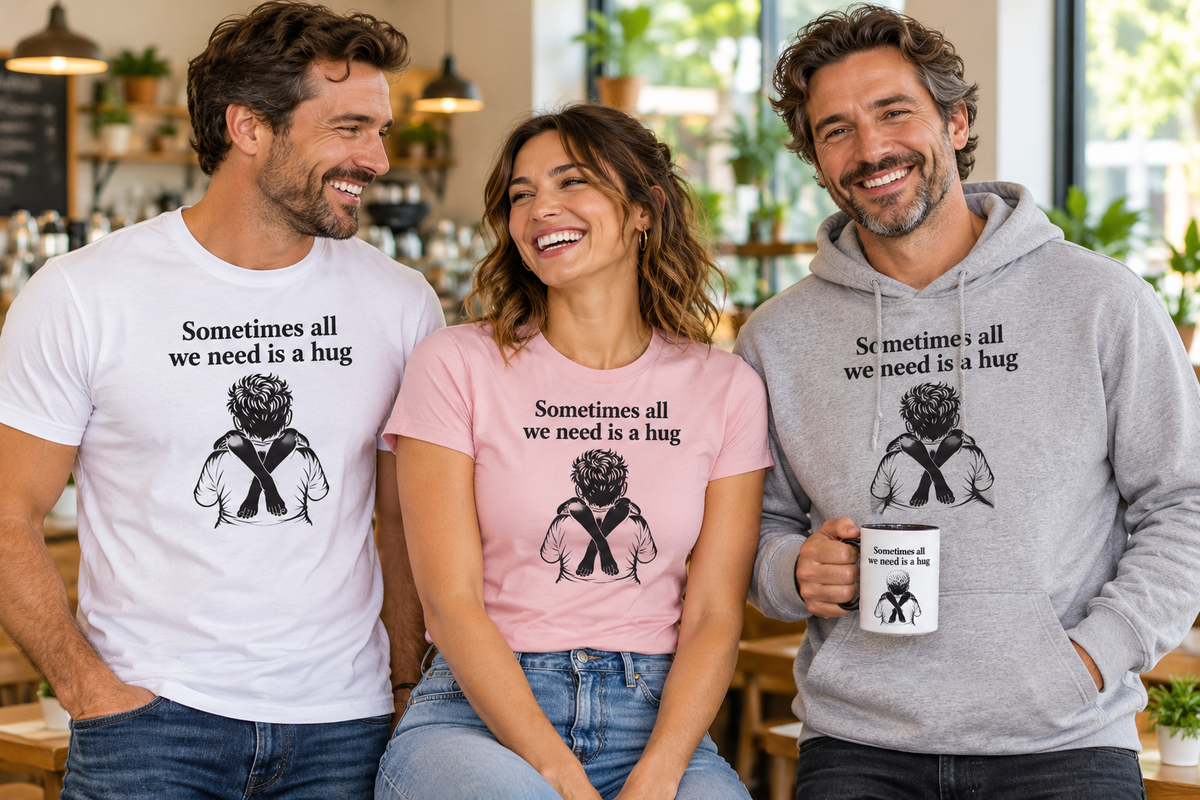 Adults wearing Sometimes All We Need Is a Hug T-shirts and a grey hoodie, with a matching mug in a cafe.