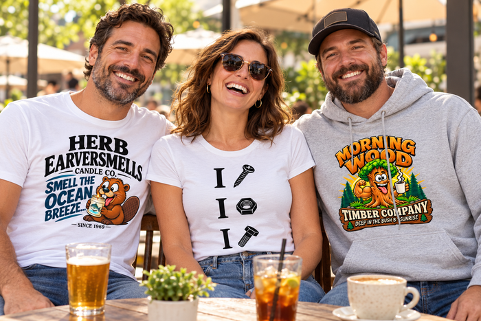 Adults wearing Herb Eaversmells Candle Co and I Screw I Nut I Bolt T-shirts and a Morning Wood Timber Company hoodie