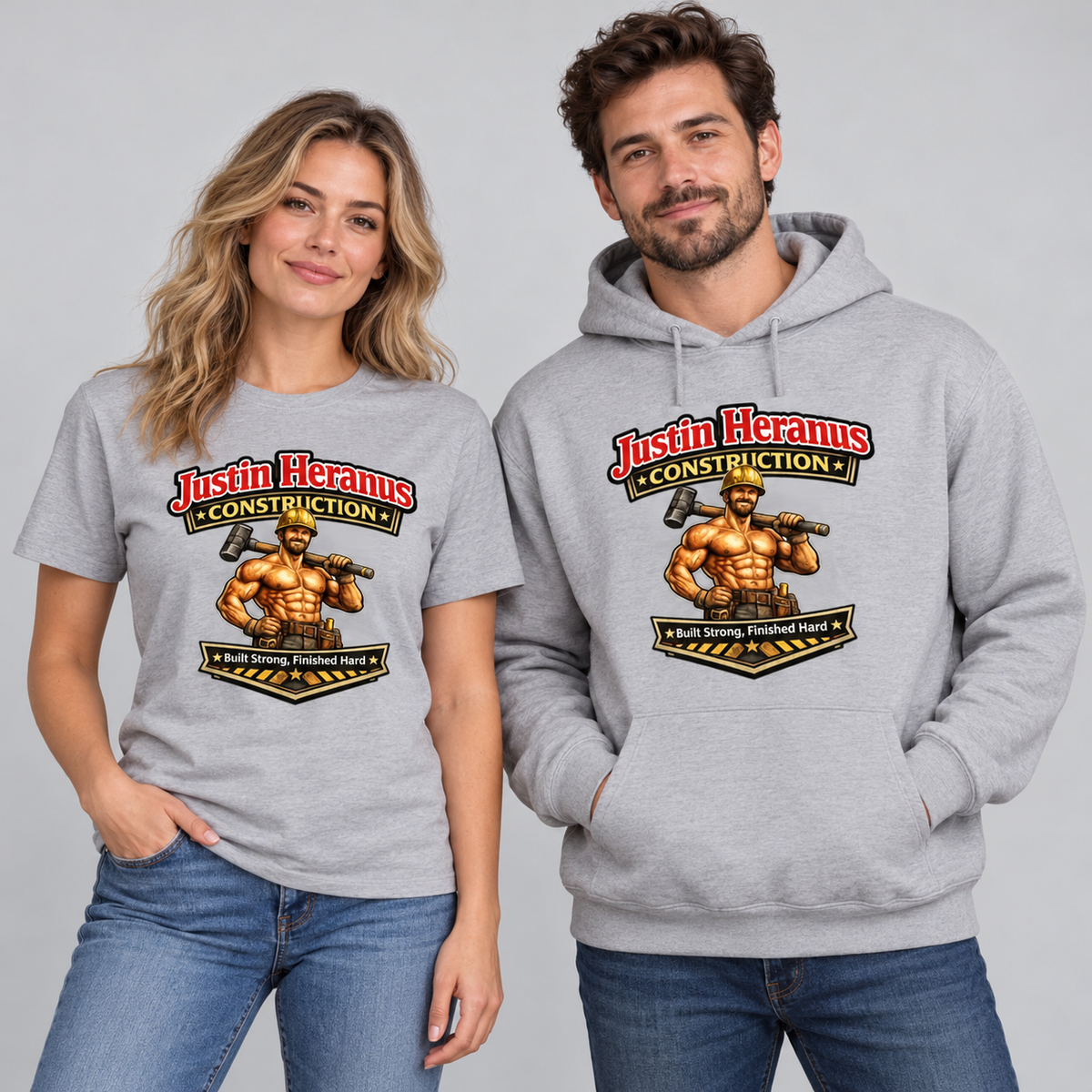 Woman and man modeling gray Justin Heranus fictional contractor company T-shirt and hoodie