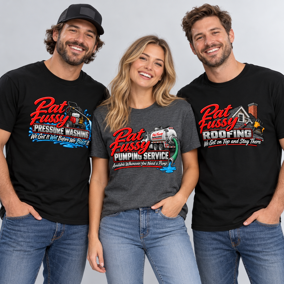 Adults wearing Pat Fussy fictional service company graphic T-shirts and a hoodie