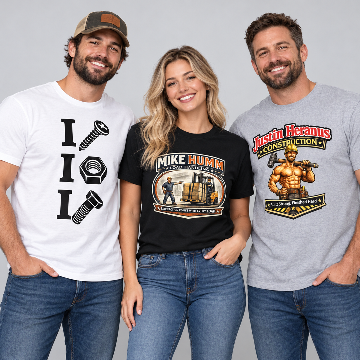 Adults modeling funny graphic T-shirts with hardware puns and fictional company designs
