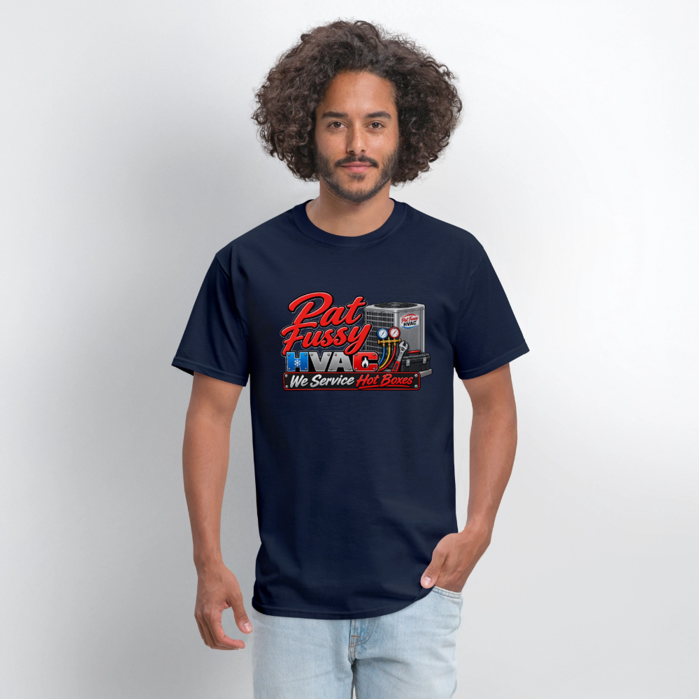 Pat Fussy HVAC We Service Hot Boxes Funny T-Shirt Color: Heather Gray