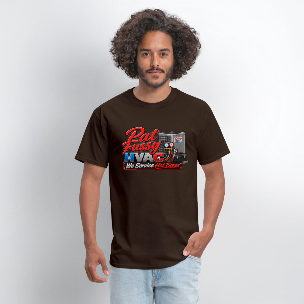 Pat Fussy HVAC We Service Hot Boxes Funny T-Shirt Color: Heather Gray