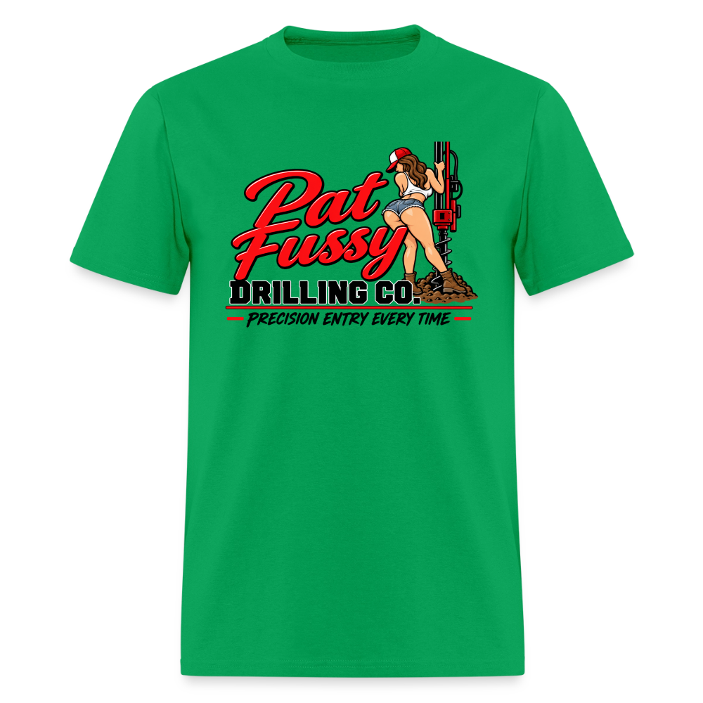 Pat Fussy Drilling Co. Funny Adult T-Shirt Color: Bright Green