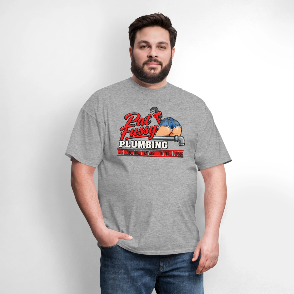 Pat Fussy Plumbing Funny Adult T-Shirt Color: Navy