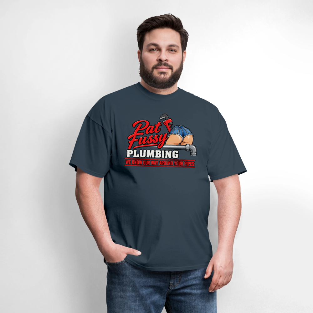 Pat Fussy Plumbing Funny Adult T-Shirt Color: Navy