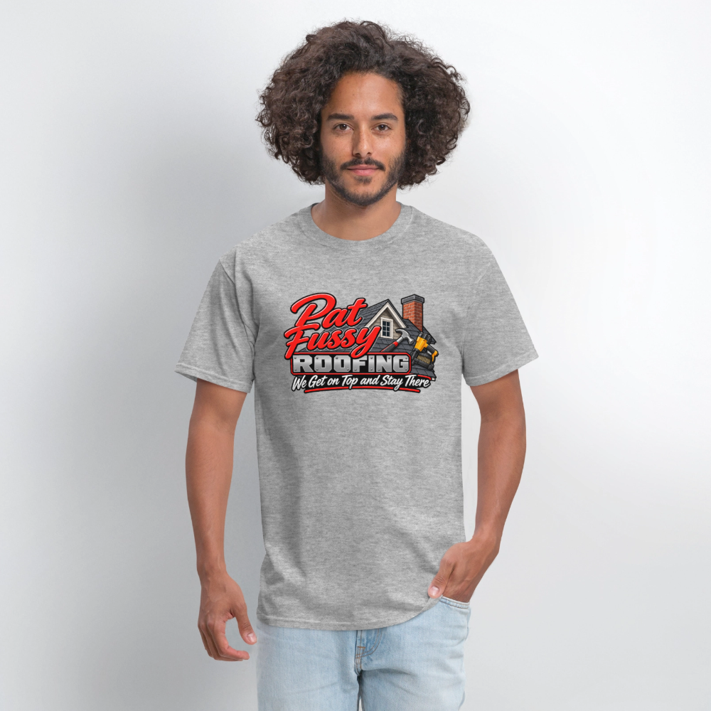 Pat Fussy Roofing Funny Adult T-Shirt Color: Black