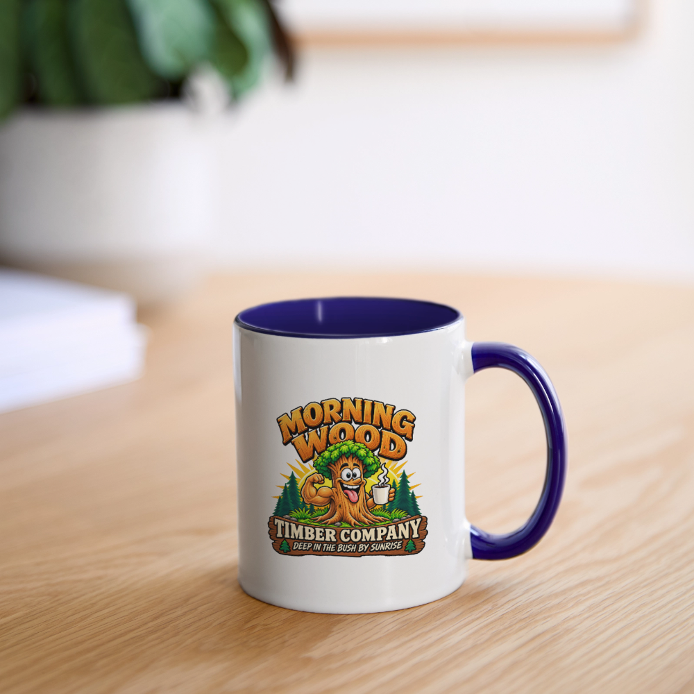 Morning Wood Timber Company – Funny Adult Humor Coffee Mug - white/cobalt blue