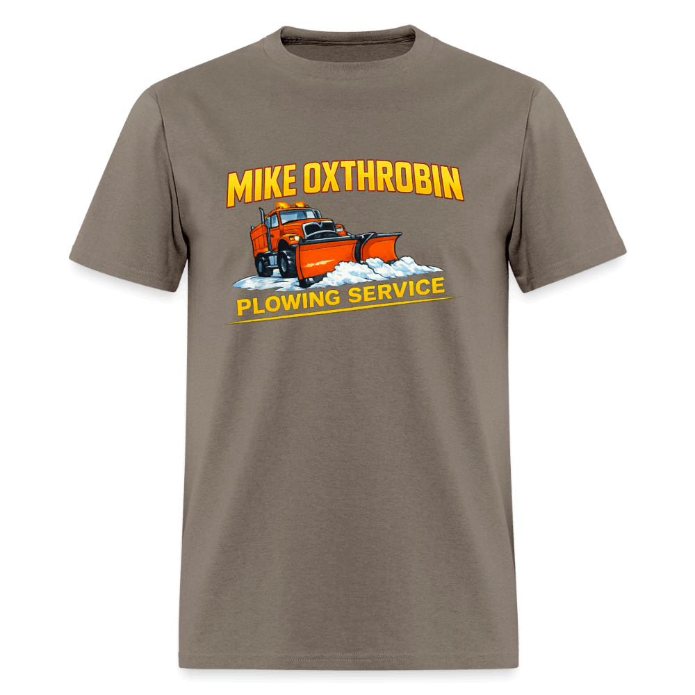 Mike Oxthrobin Plowing Service Funny Fake Business T-Shirt Color: Safari