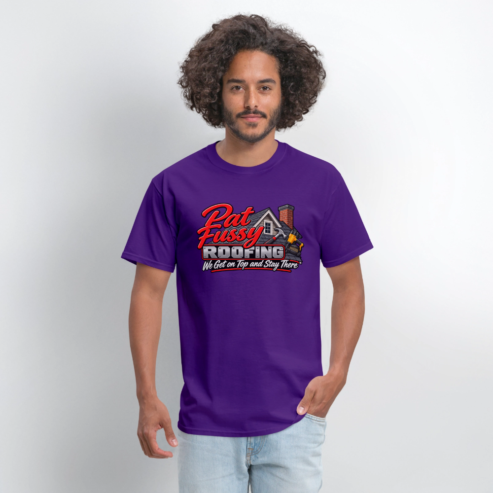Pat Fussy Roofing Funny Adult T-Shirt Color: Black