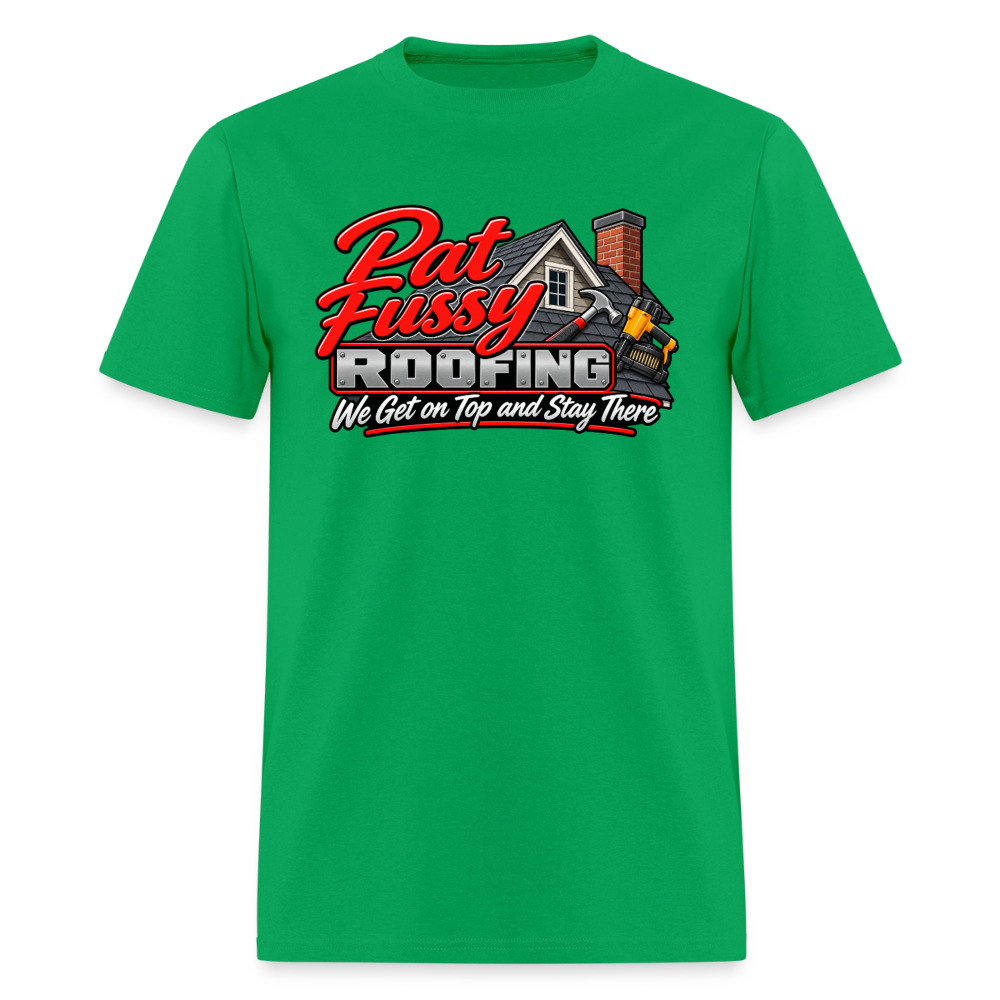 Pat Fussy Roofing Funny Adult T-Shirt Color: Bright Green