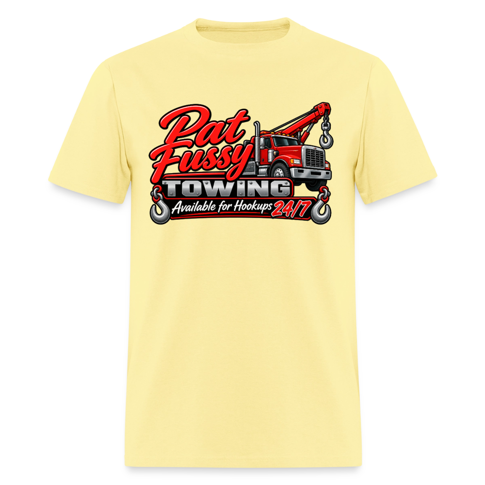 Pat Fussy Towing Funny Adult T-Shirt Color: Cornsilk