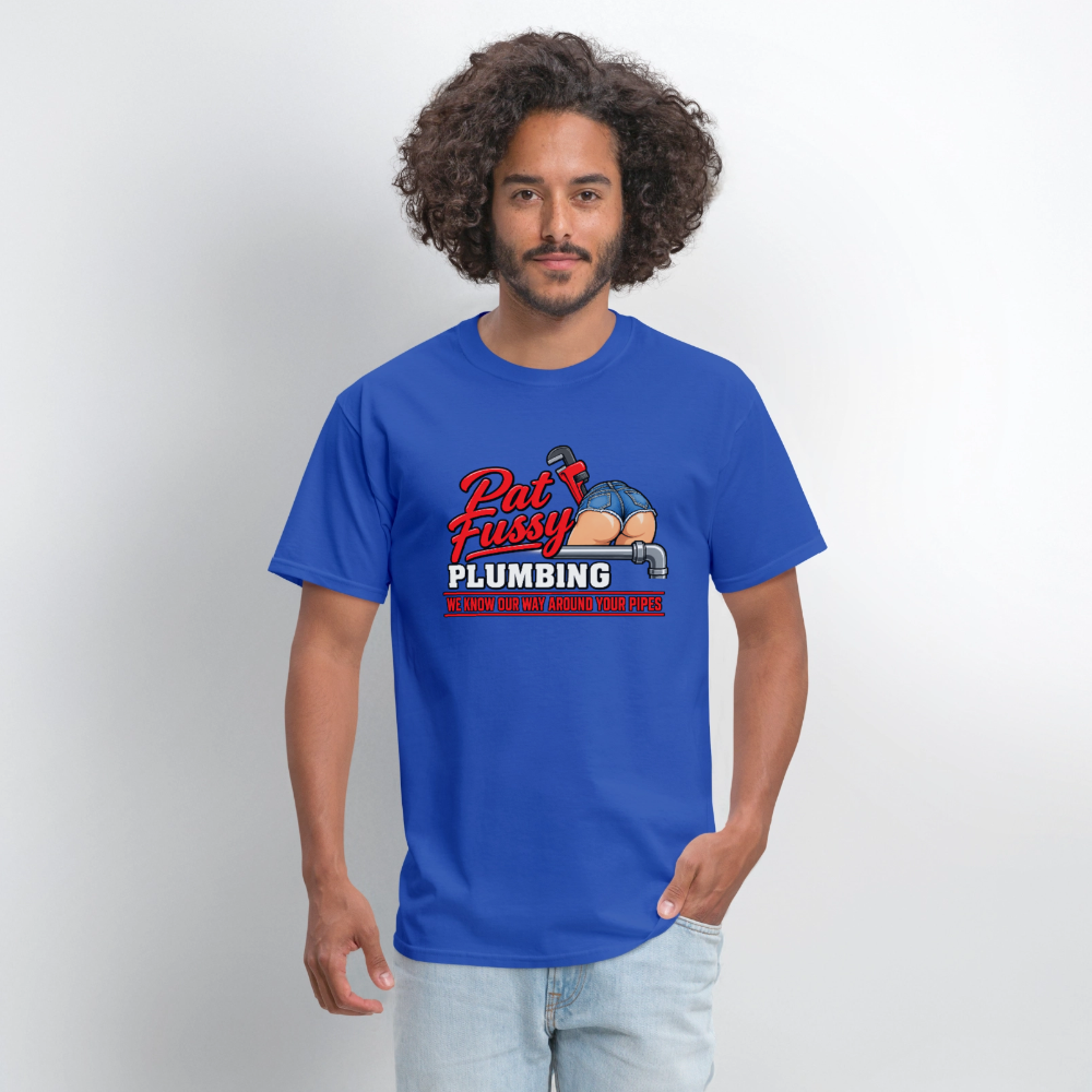 Pat Fussy Plumbing Funny Adult T-Shirt Color: Navy
