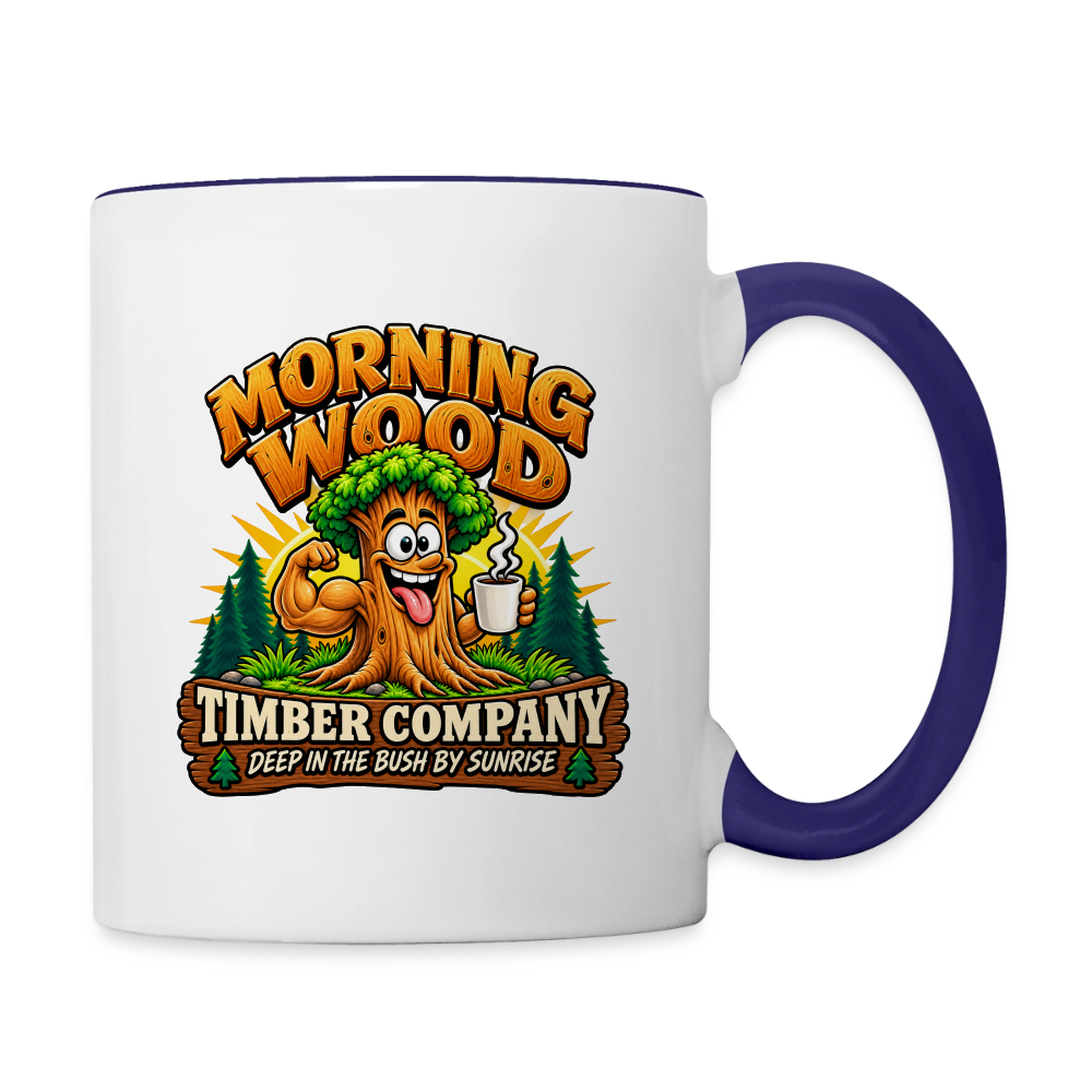 Morning Wood Timber Company – Funny Adult Humor Coffee Mug - white/cobalt blue