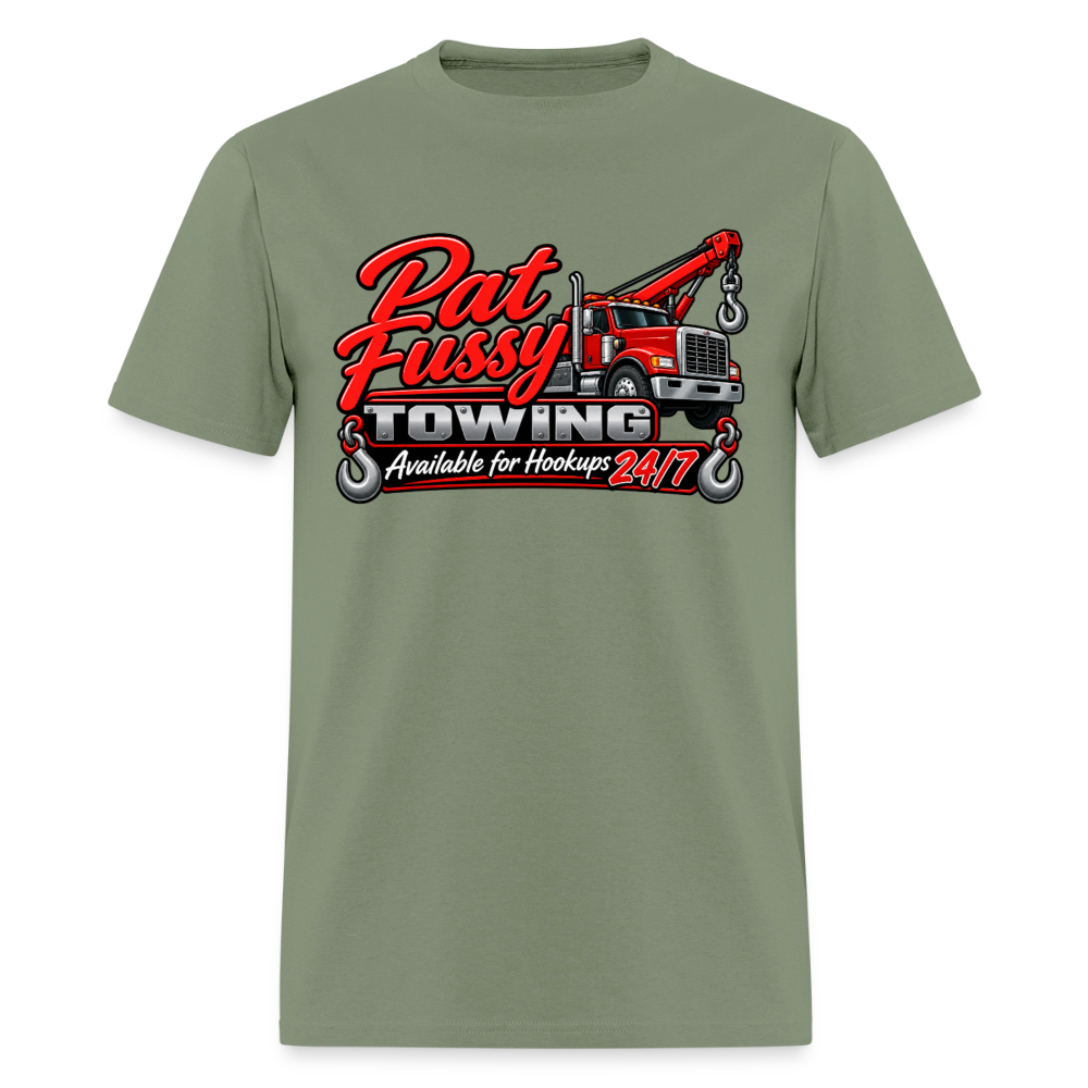 Pat Fussy Towing Funny Adult T-Shirt Color: Military Green