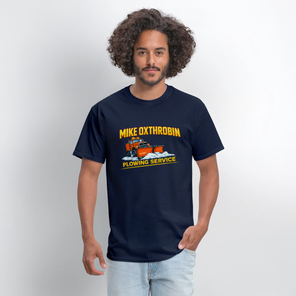 Mike Oxthrobin Plowing Service Funny Fake Business T-Shirt - navy