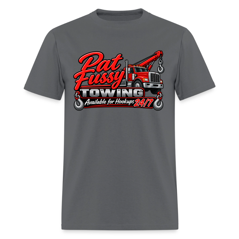 Pat Fussy Towing Funny Adult T-Shirt Color: Charcoal