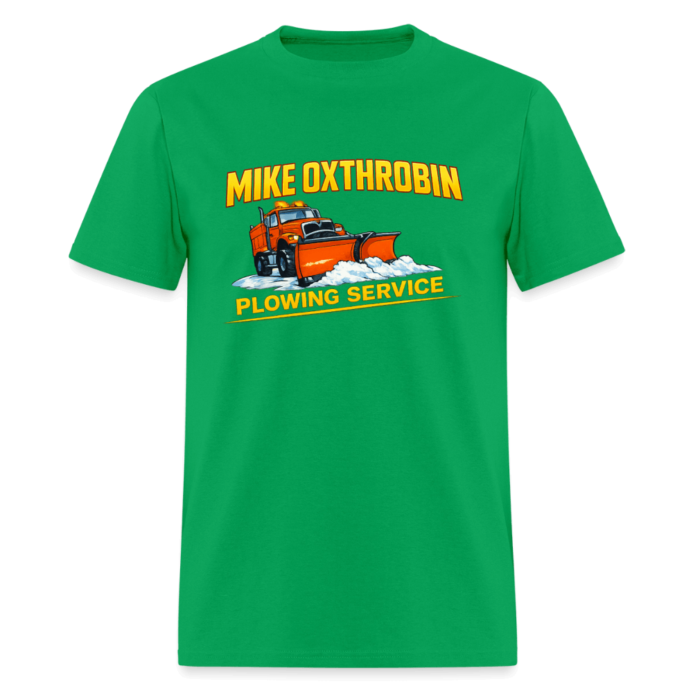 Mike Oxthrobin Plowing Service Funny Fake Business T-Shirt Color: Bright Green