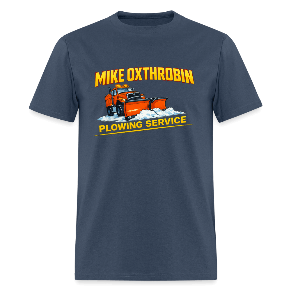 Mike Oxthrobin Plowing Service Funny Fake Business T-Shirt Color: Blue Dusk