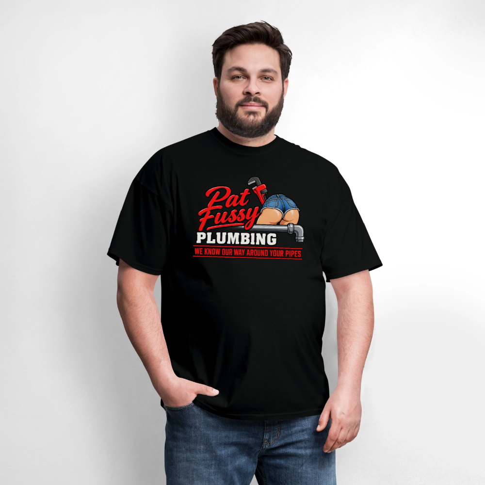 Pat Fussy Plumbing Funny Adult T-Shirt Color: Navy