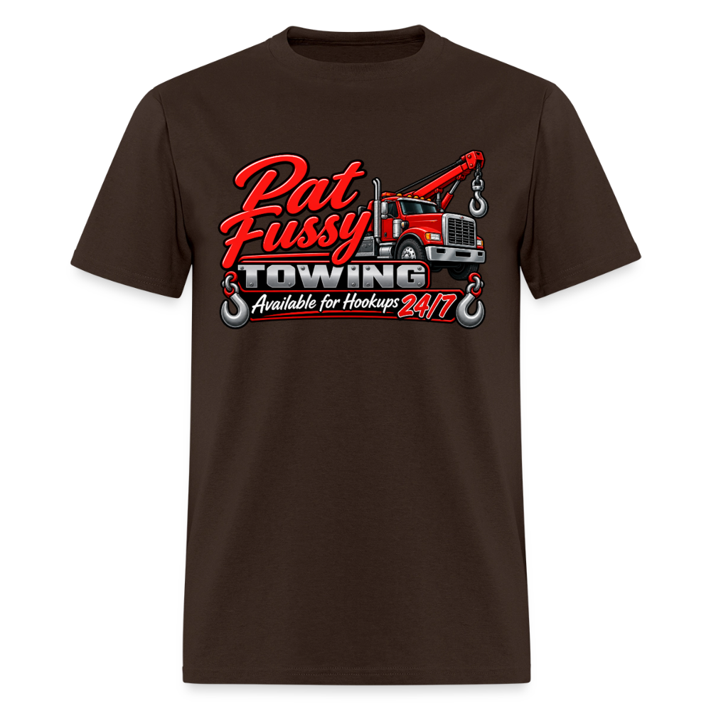 Pat Fussy Towing Funny Adult T-Shirt Color: Military Green