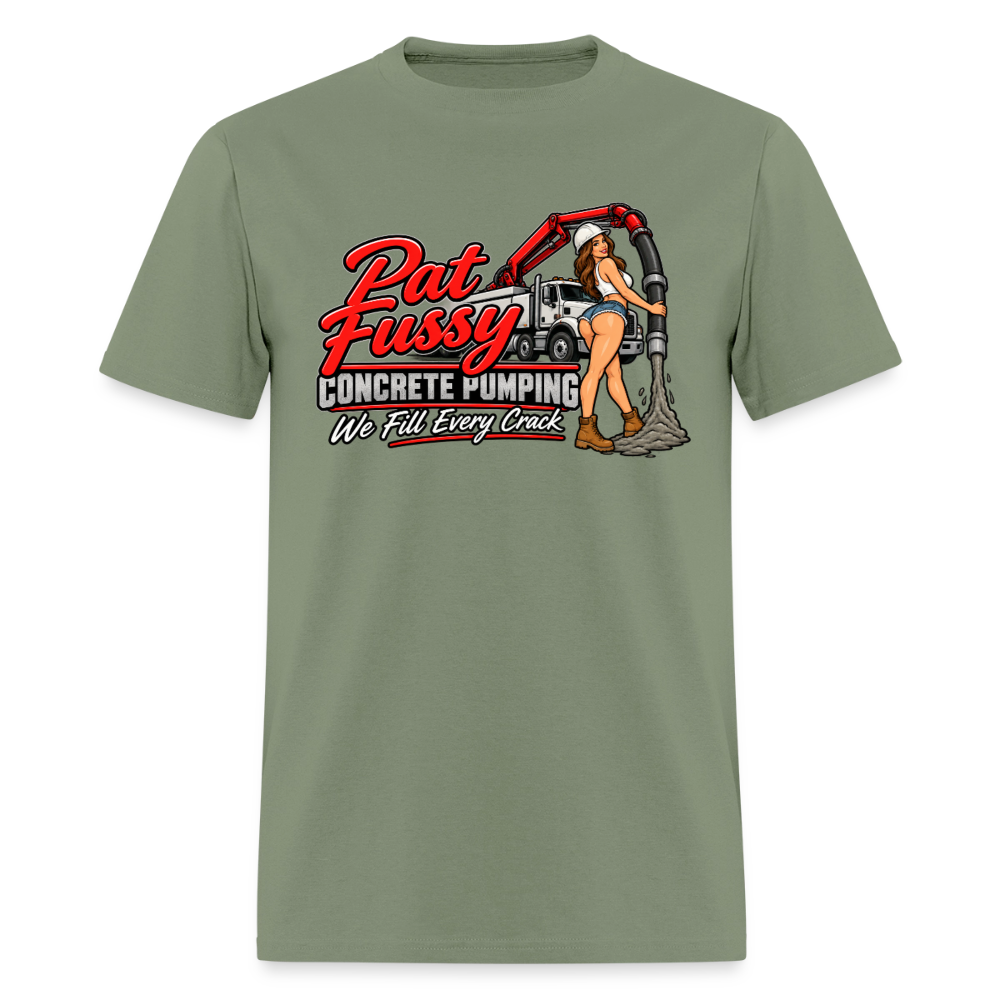Pat Fussy Concrete Pumping Funny Adult T-Shirt Color: Military Green