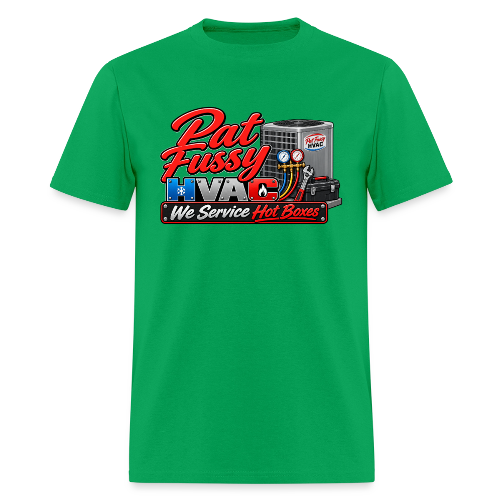 Pat Fussy HVAC We Service Hot Boxes Funny T-Shirt Color: Bright Green