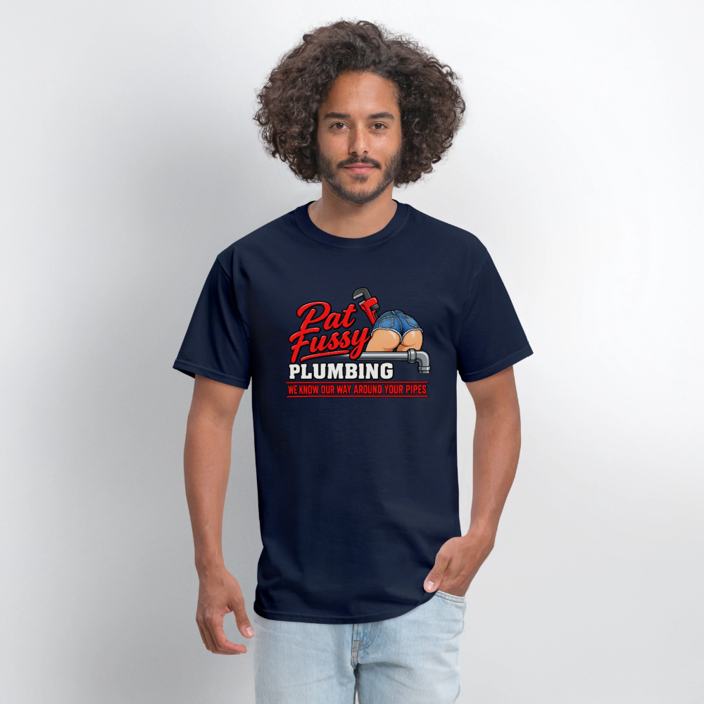 Pat Fussy Plumbing Funny Adult T-Shirt Color: Navy