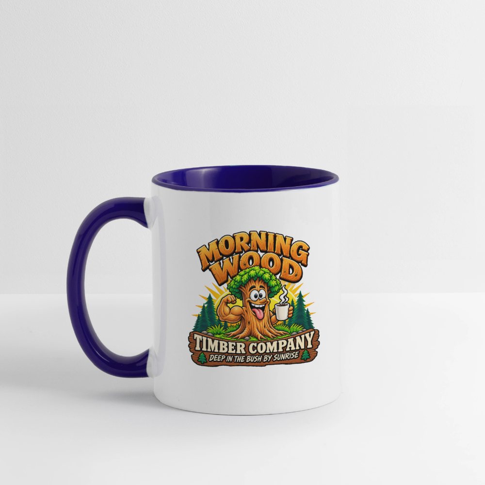 Morning Wood Timber Company – Funny Adult Humor Coffee Mug - white/cobalt blue