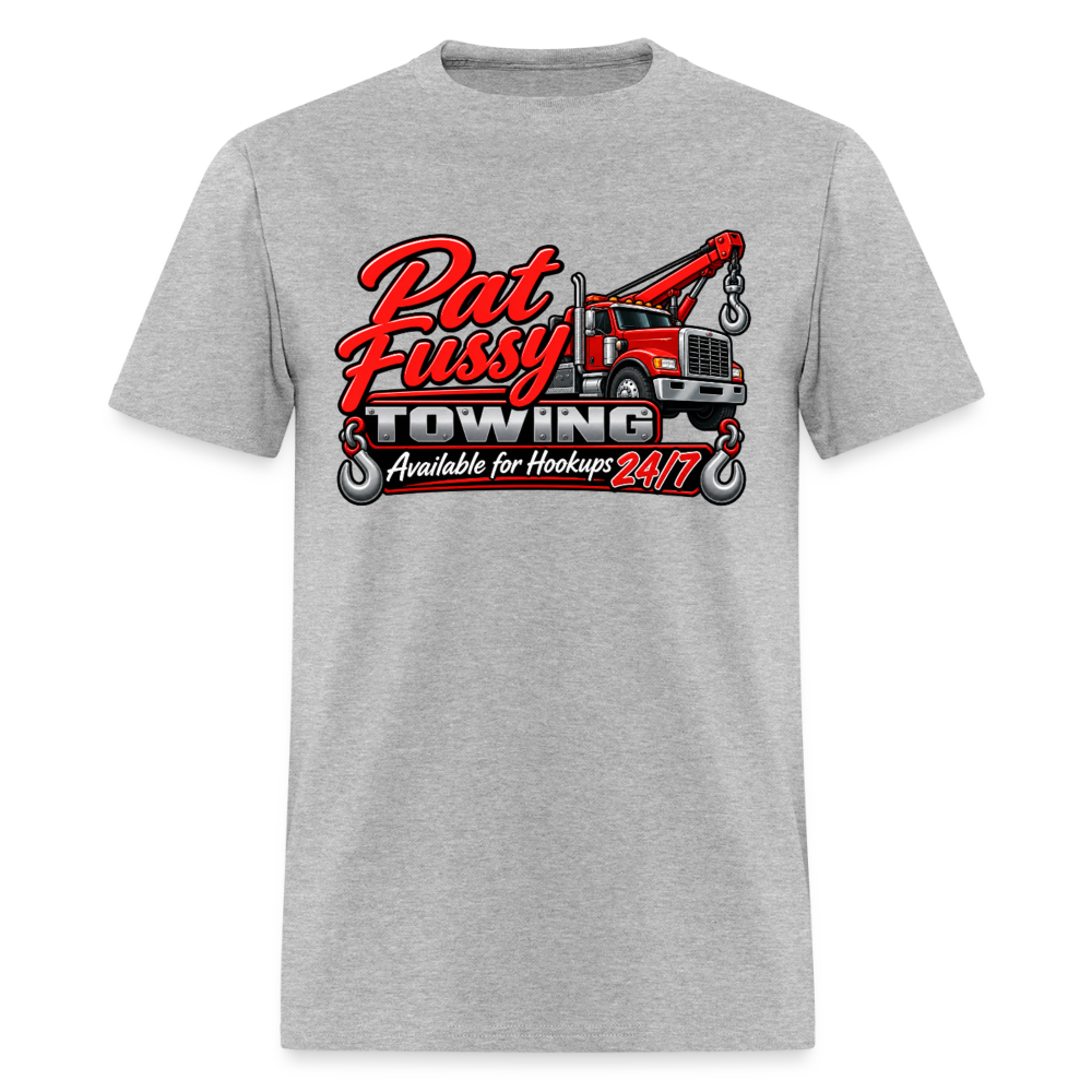 Pat Fussy Towing Funny Adult T-Shirt Color: Heather Gray