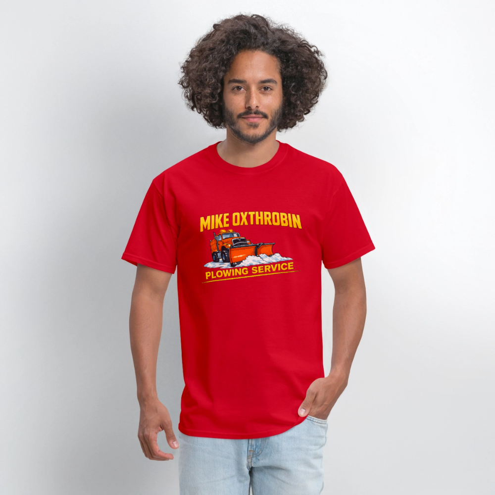 Mike Oxthrobin Plowing Service Funny Fake Business T-Shirt - red