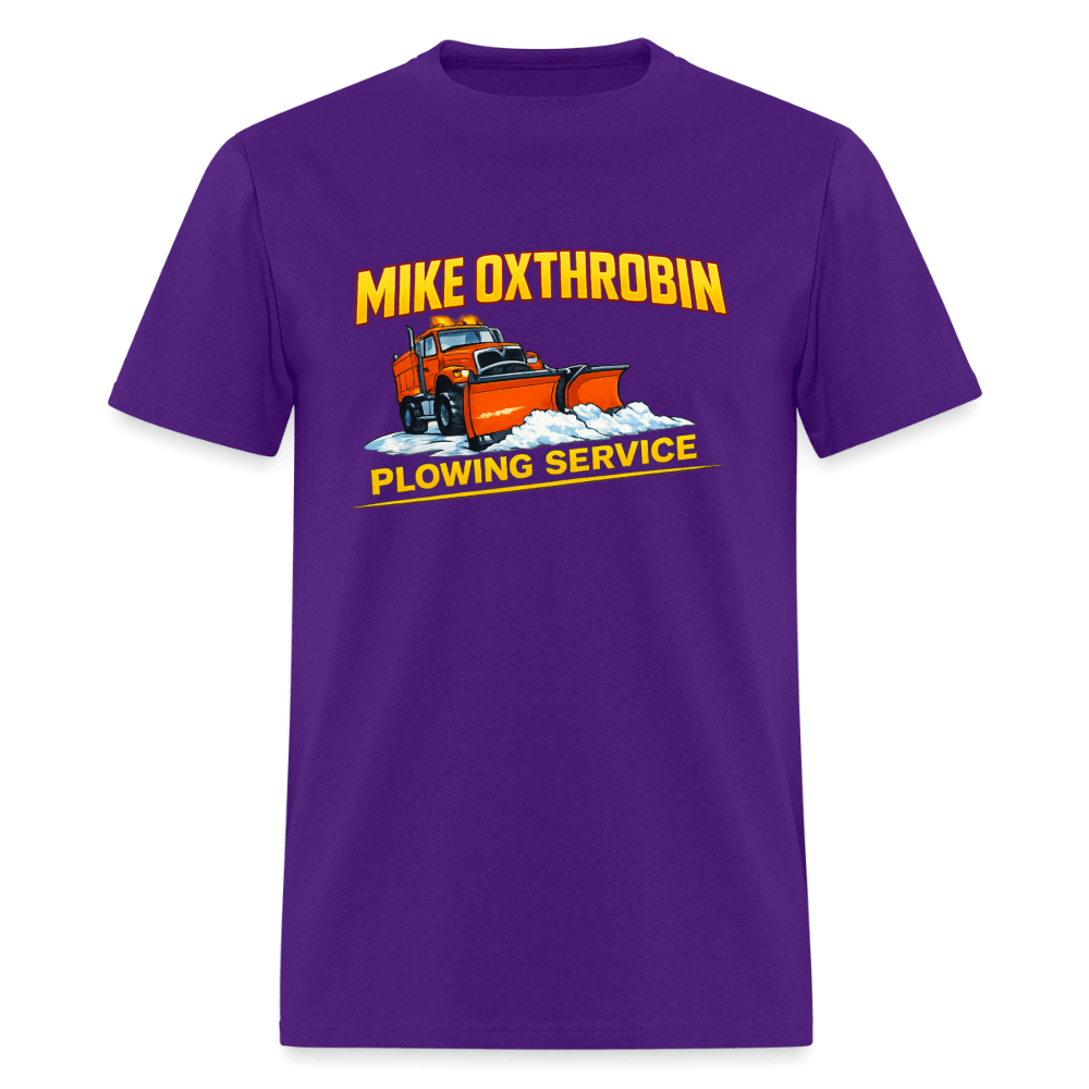 Mike Oxthrobin Plowing Service Funny Fake Business T-Shirt Color: Purple