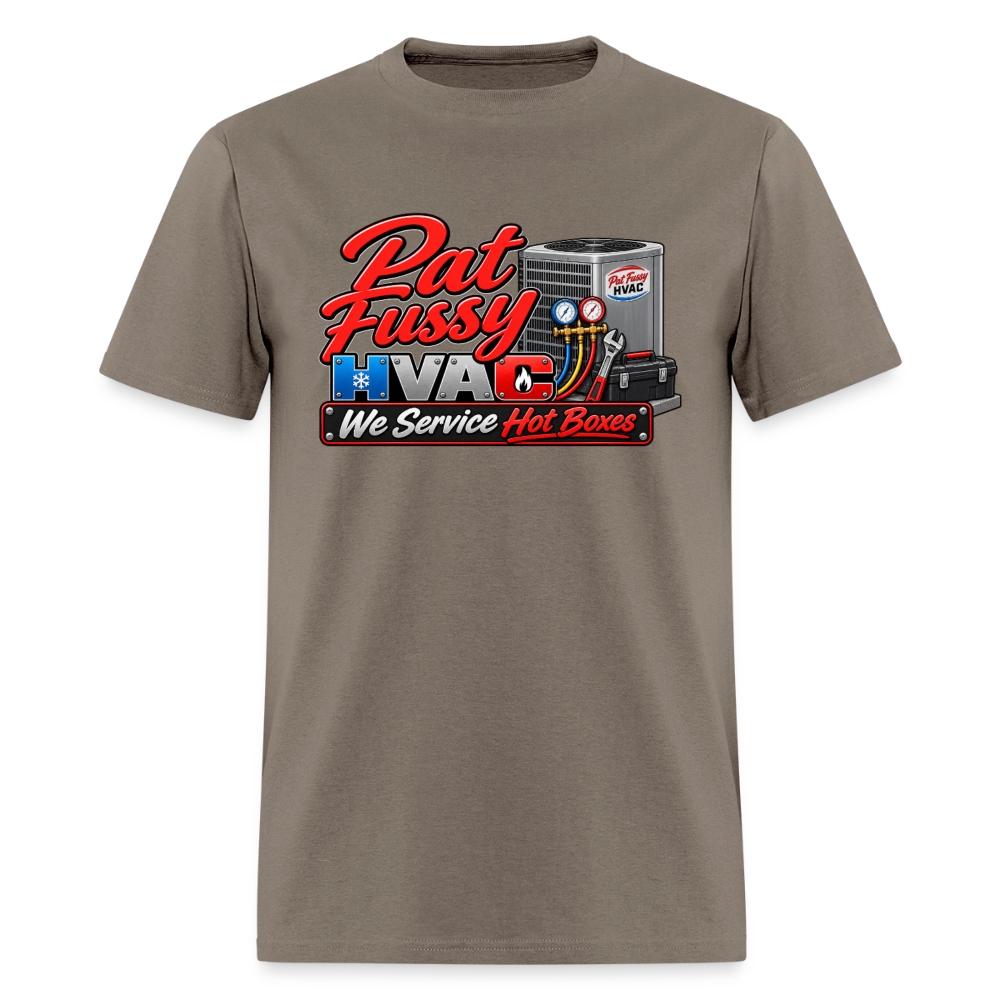 Pat Fussy HVAC We Service Hot Boxes Funny T-Shirt Color: Safari