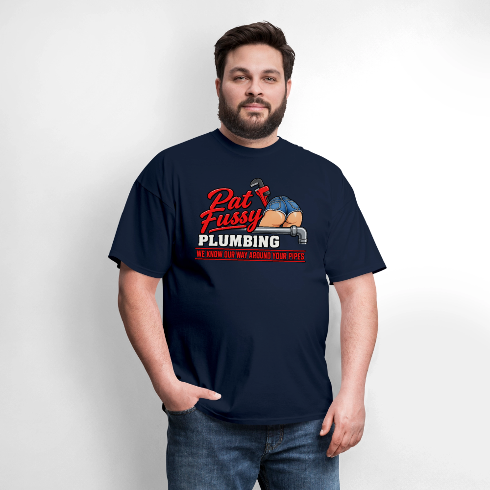 Pat Fussy Plumbing Funny Adult T-Shirt Color: Navy