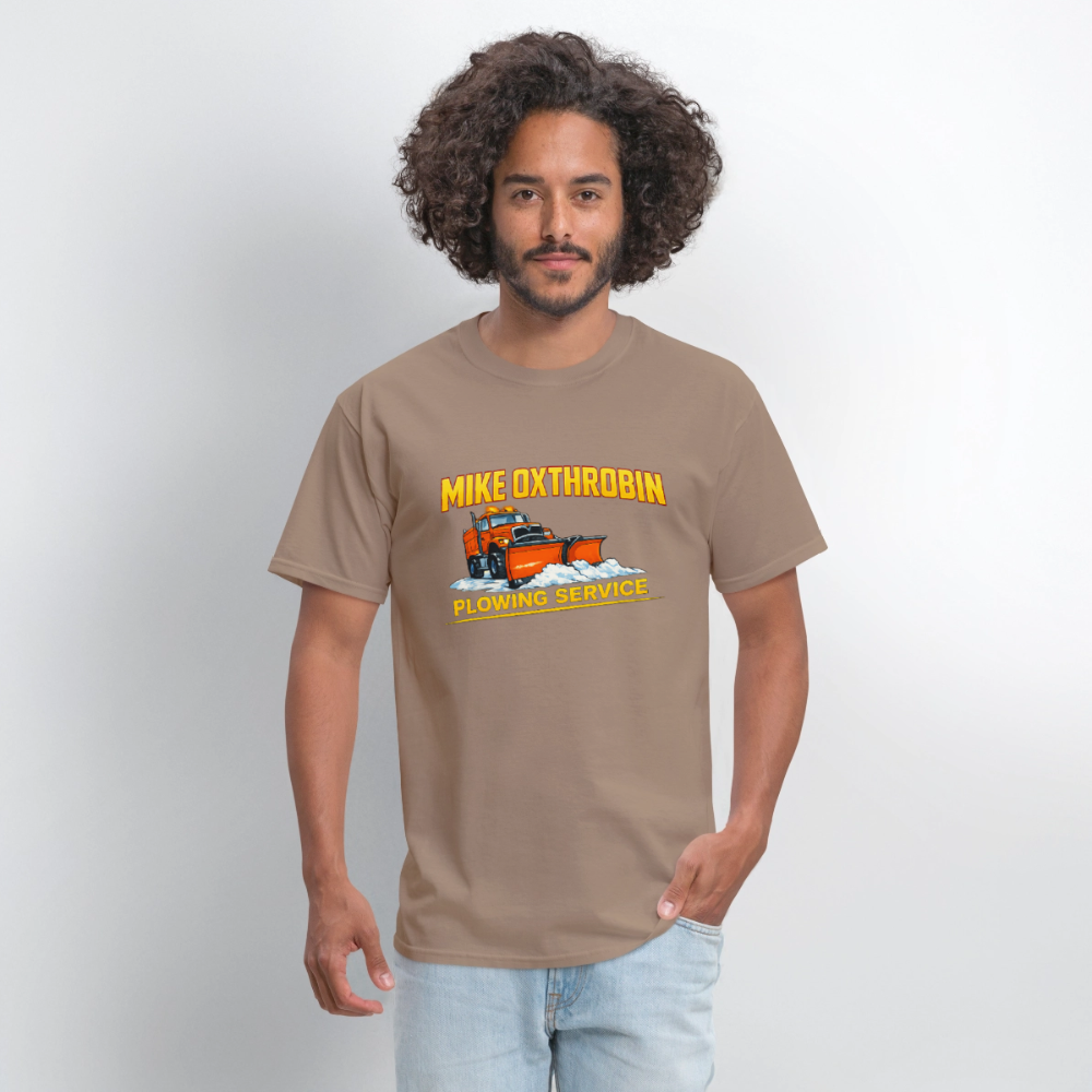 Mike Oxthrobin Plowing Service Funny Fake Business T-Shirt - safari