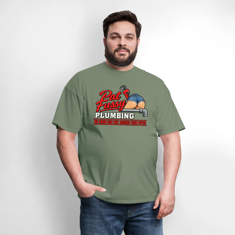 Pat Fussy Plumbing Funny Adult T-Shirt Color: Navy