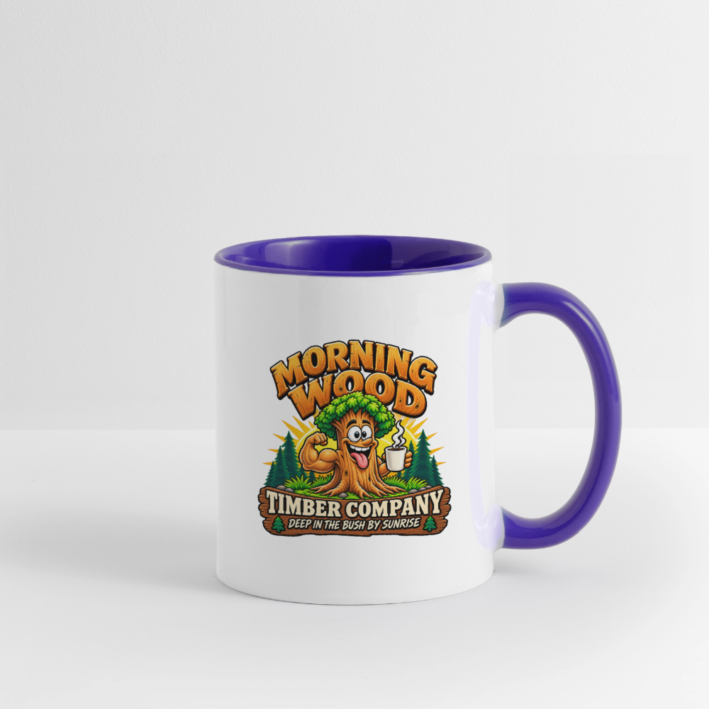 Morning Wood Timber Company – Funny Adult Humor Coffee Mug - white/cobalt blue