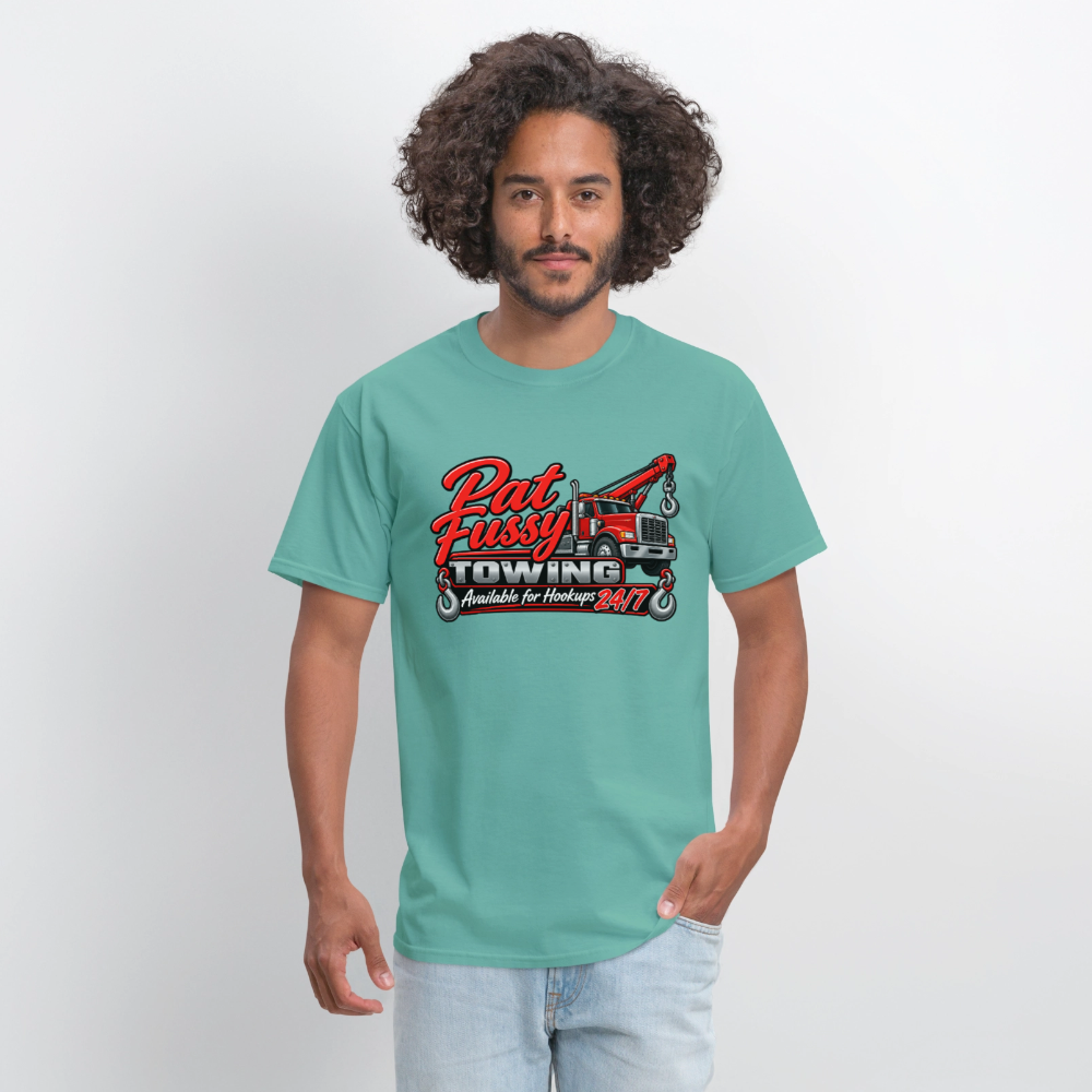 Pat Fussy Towing Funny Adult T-Shirt Color: Military Green