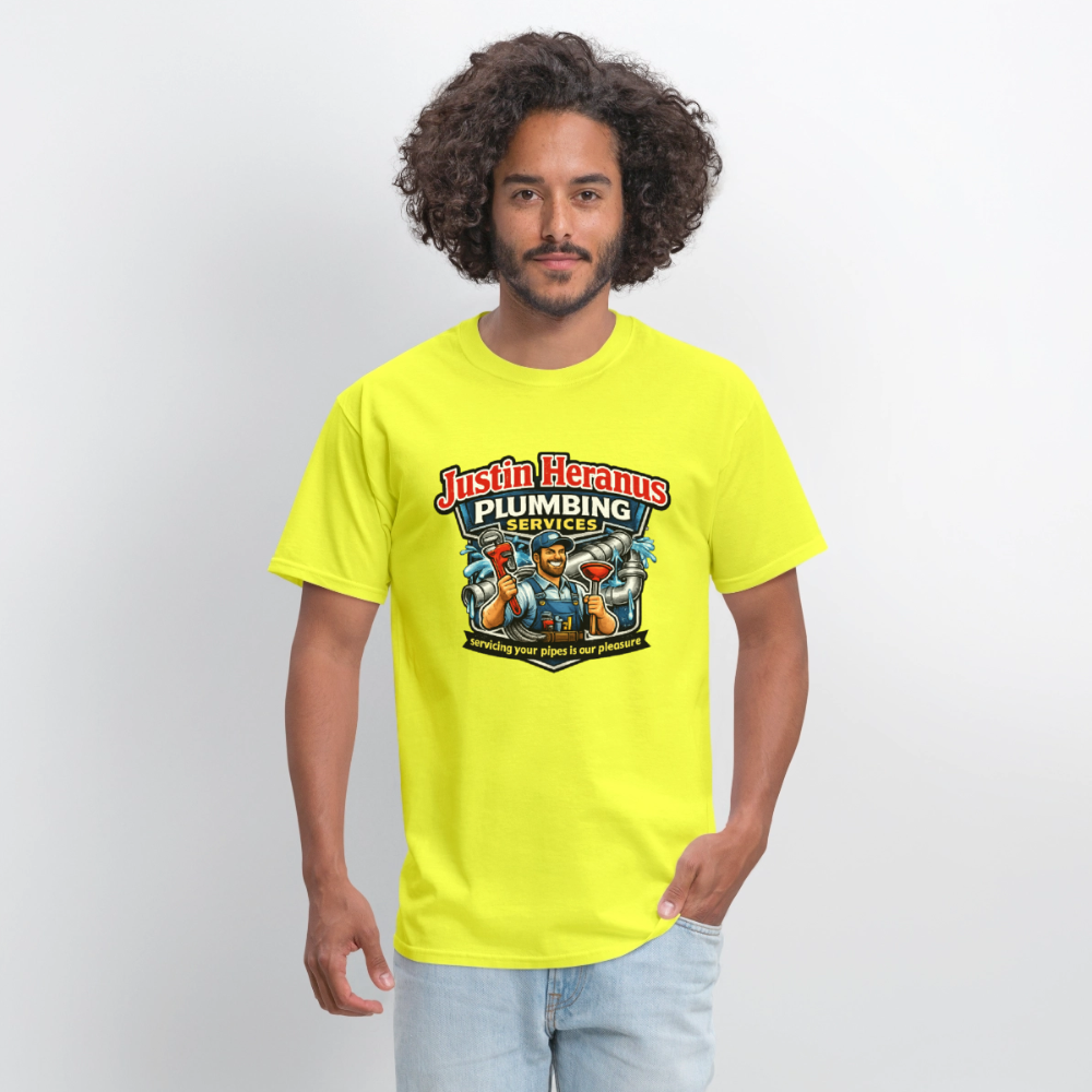 Justin Heranus Plumbing Funny T-Shirt - safety green