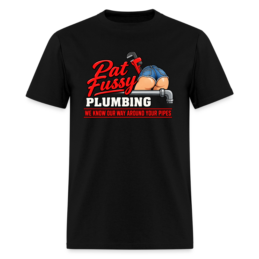 Pat Fussy Plumbing Funny Adult T-Shirt Color: Black