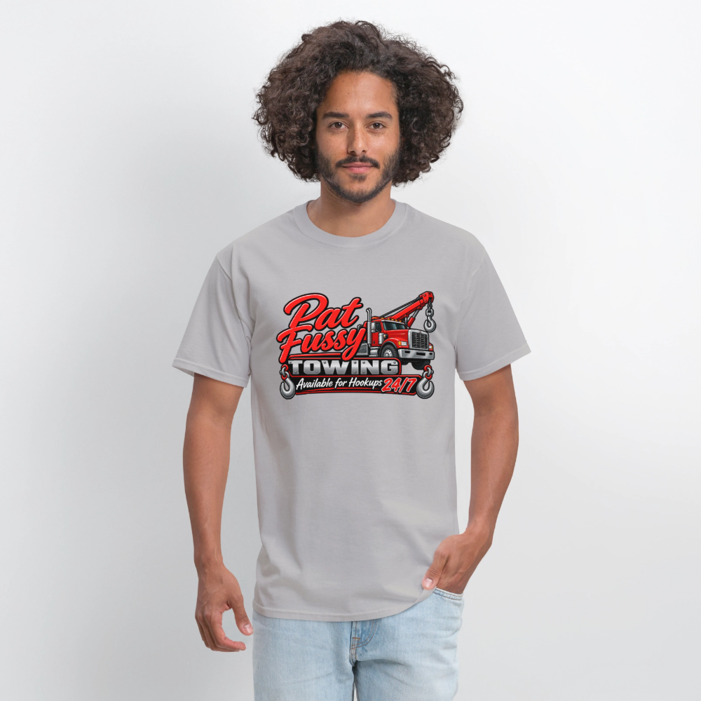 Pat Fussy Towing Funny Adult T-Shirt Color: Military Green